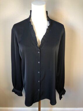 Brooks Brothers Black Satin Ruffled V Neck Button Front Blouse M Corporate Chic